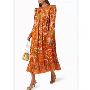 Celia B Tai Floral Retro Long Puff Sleeve Pleated Maxi Dress